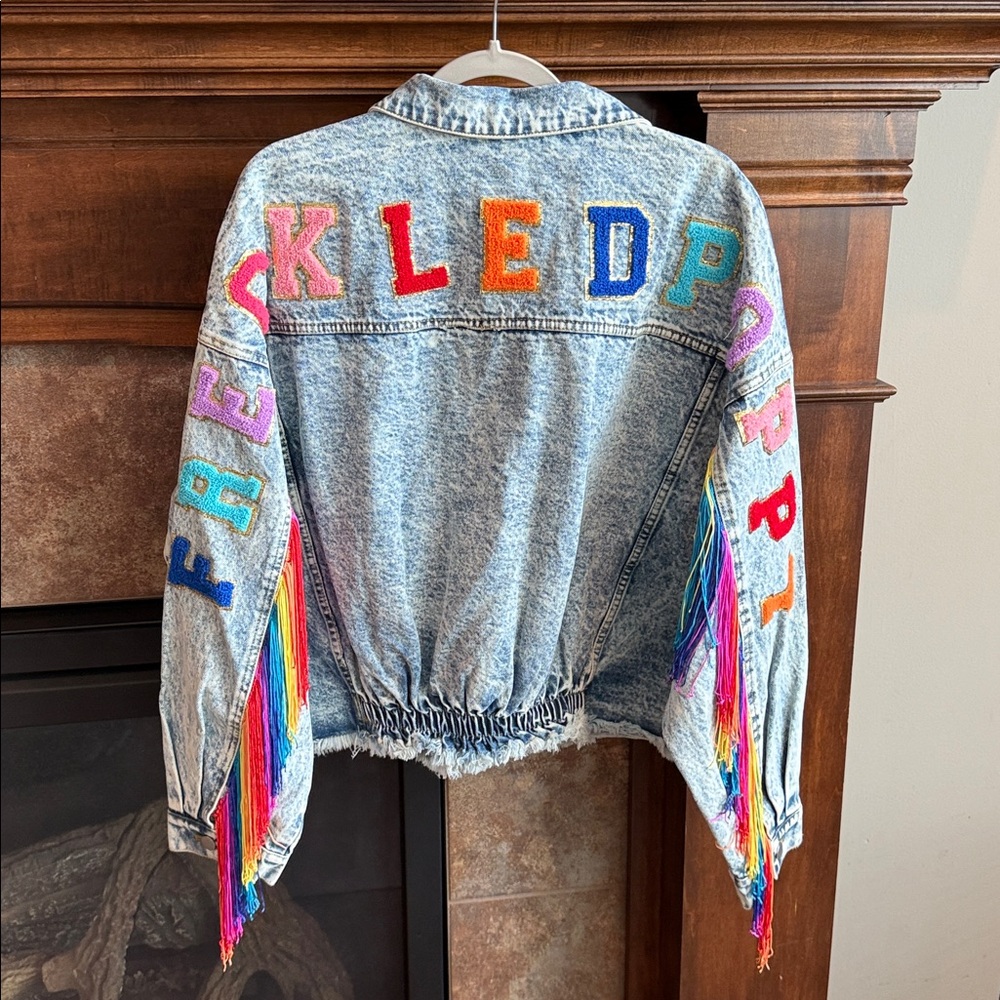 Stonewash denim jacket rainbow fringe BiBi Freckled Poppy XL pride cowgirl NWT - Picture 7 of 14